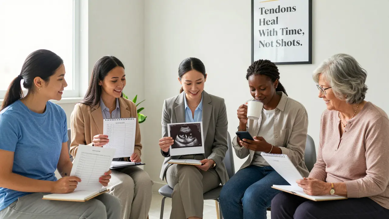 Diverse patients in a clinic waiting room holding exercise logs and ultrasound images, smiling with quiet confidence.