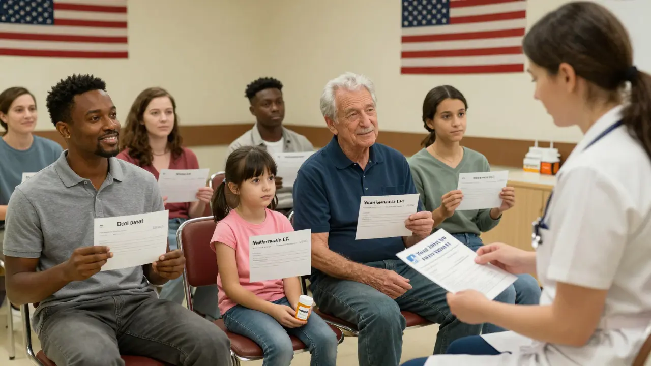 Diverse patients in clinic waiting room receiving appeal information and emergency meds.