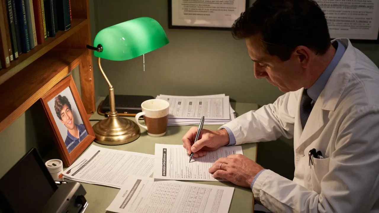 Doctor filling out medical exception form with lab results under desk lamp at night.