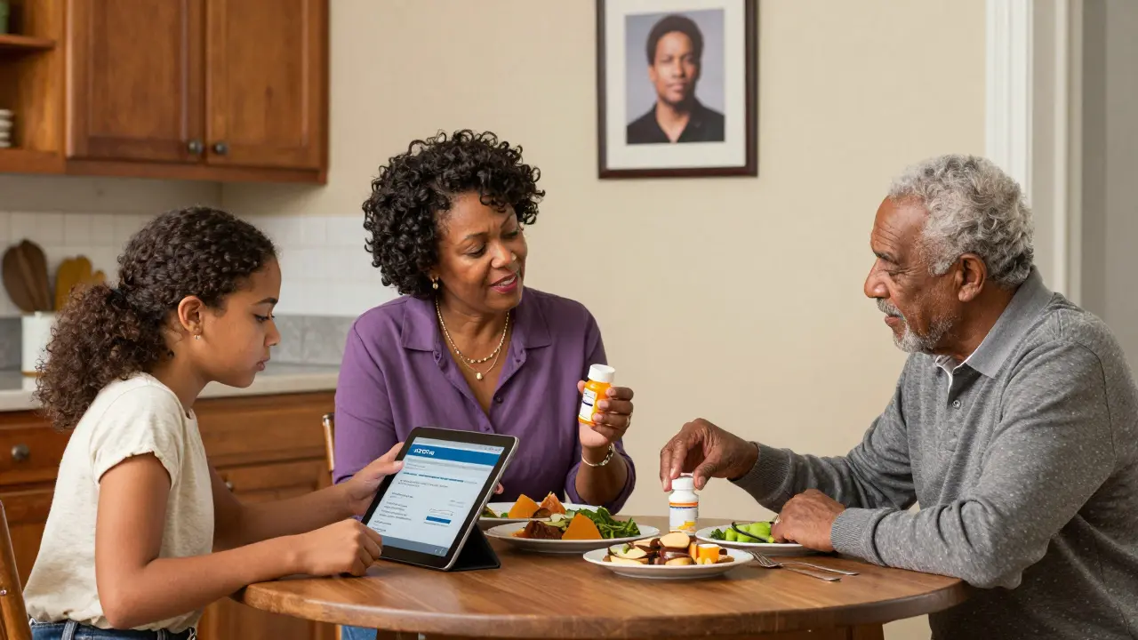 Family at kitchen table discussing medication safety, with tablet showing AZCERT website and potassium supplement.