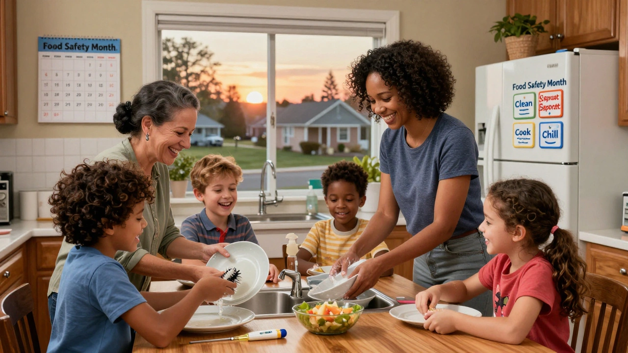 Family washing dishes together, food safety rules visible on fridge, warm evening light.