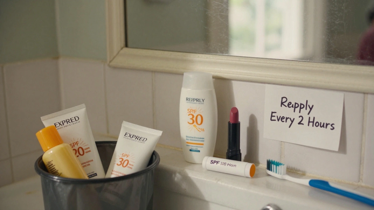 Medicine cabinet with expired sunscreen in trash, fresh SPF 30 bottle and lip balm visible, note on mirror says &#039;Reapply Every 2 Hours&#039;.