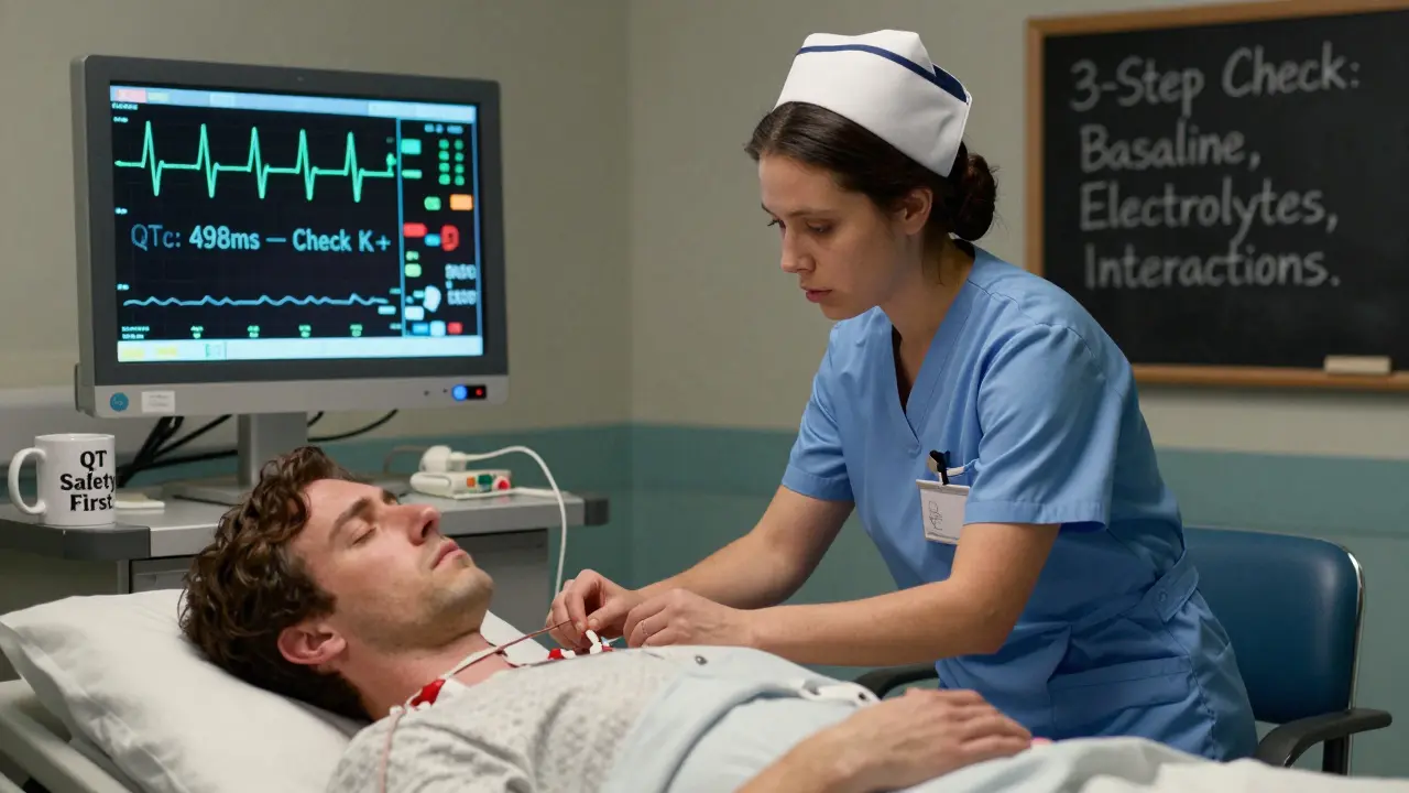 Nurse monitoring patient's ECG at night, alert showing high QTc and checklist on chalkboard.