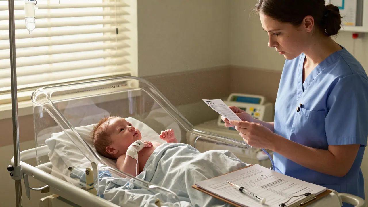 Nurse reviewing medication chart beside premature infant in incubator with discarded syringe.