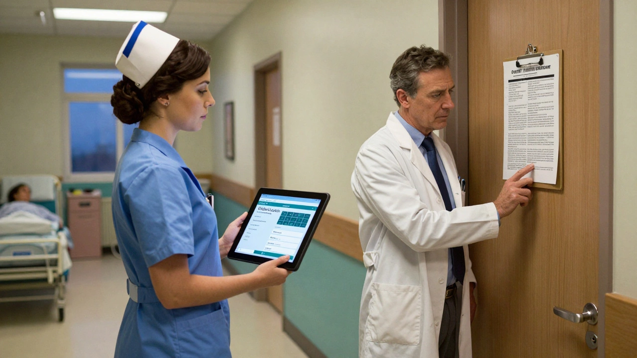 Nurse showing a real-time safety alert to a doctor outside a patient's room