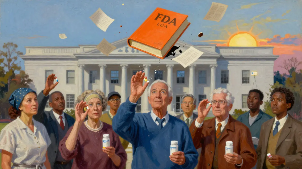 Patients hold generic pills as a giant Orange Book crumbles into dust outside the FDA, symbolizing reform and hope.