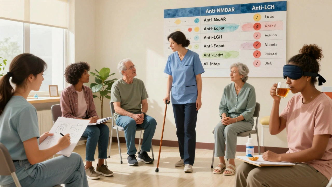 Patients in recovery engage in therapy and quiet activities in a sunlit rehab center.