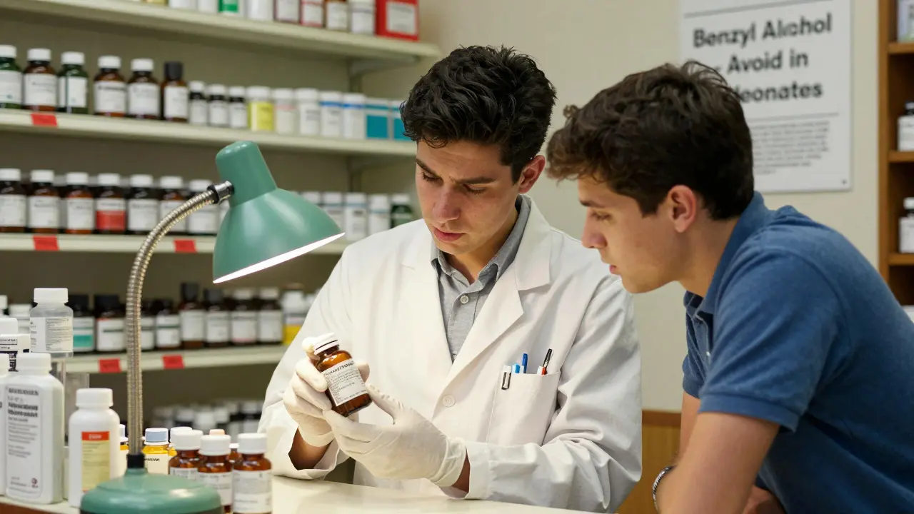 Pharmacist explaining medicine ingredients to a concerned father in a small-town pharmacy.