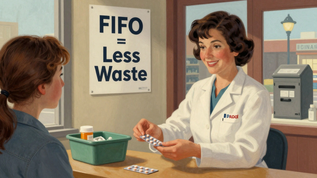 Pharmacist giving patient a small antibiotic pack with take-back bin visible in background