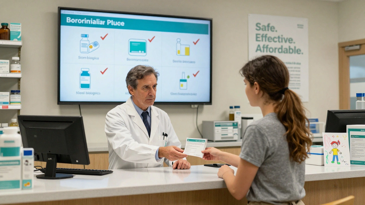 Pharmacist handing a biosimilar prescription to a patient in a clean, professional pharmacy.