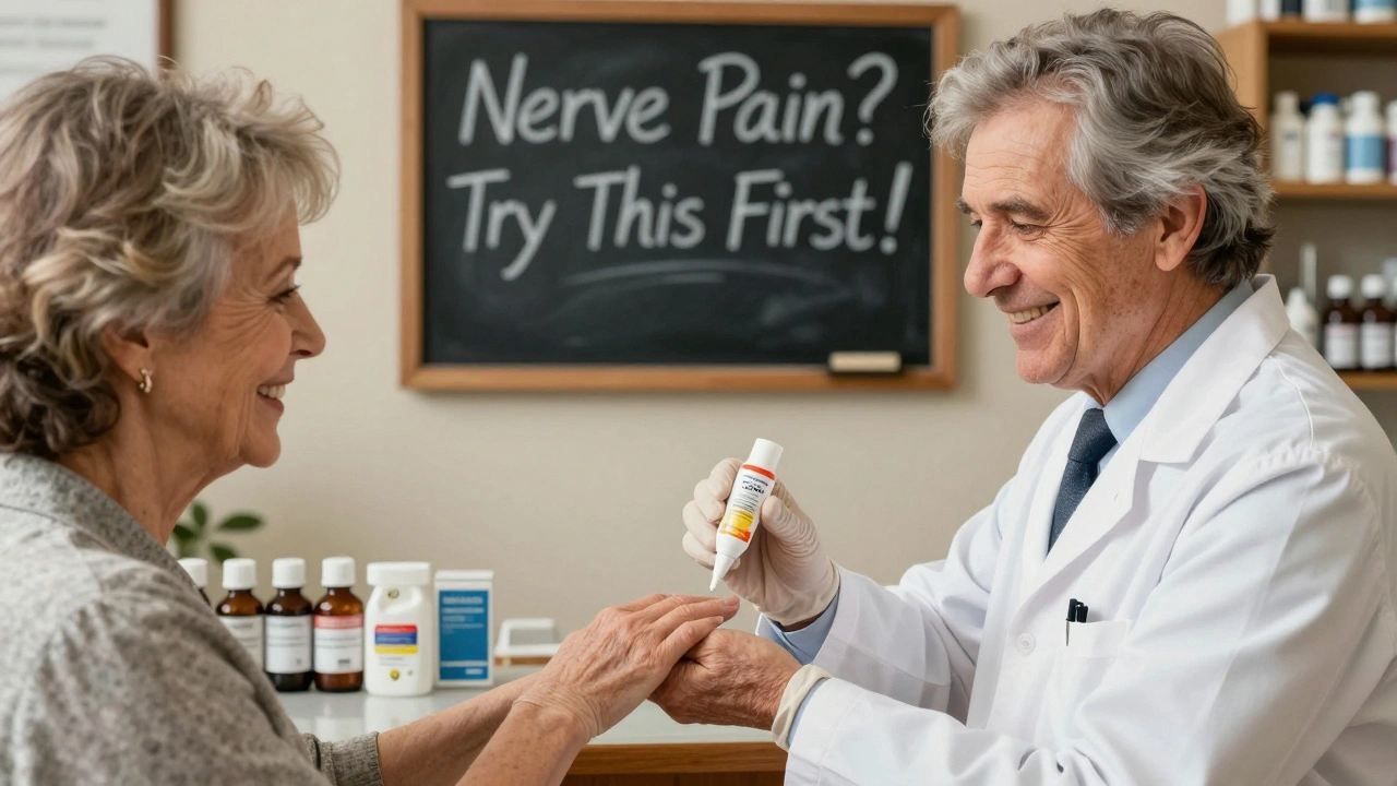 Pharmacist showing an older woman how to use capsaicin cream for nerve pain.