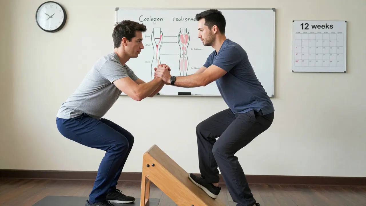 Physical therapist correcting a patient's form during a decline squat, with a tendon diagram and 12-week calendar on the wall.