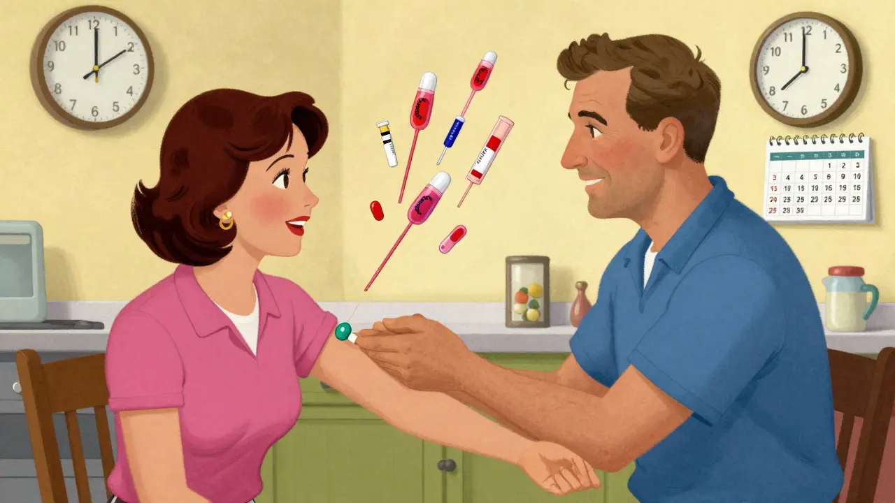 Woman receives HER2-targeted injection at home with husband’s support, cartoon antibodies floating nearby.