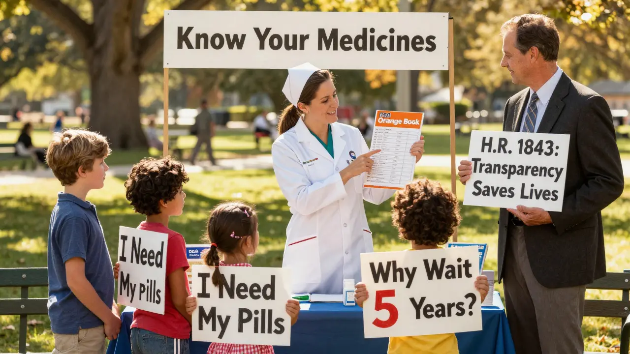 A community health fair with families learning about generic drug approvals from an FDA guidebook and advocacy sign.