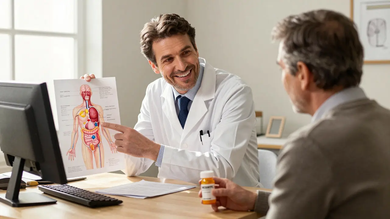 A doctor explains PAMORAs to a patient using a body diagram in a sunlit office.