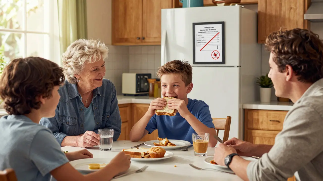 A family enjoying a meal with peanut butter sandwich, allergy test result visible on fridge.