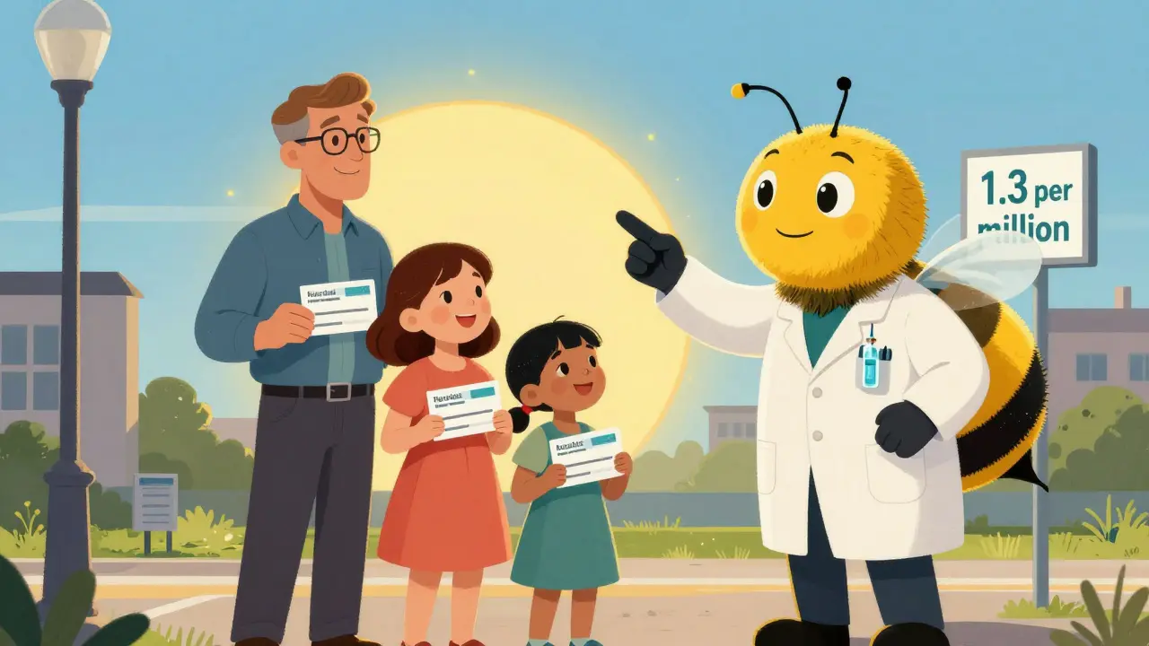 A family stands outside a clinic holding vaccination cards, with a cartoon bee in a lab coat symbolizing safety.