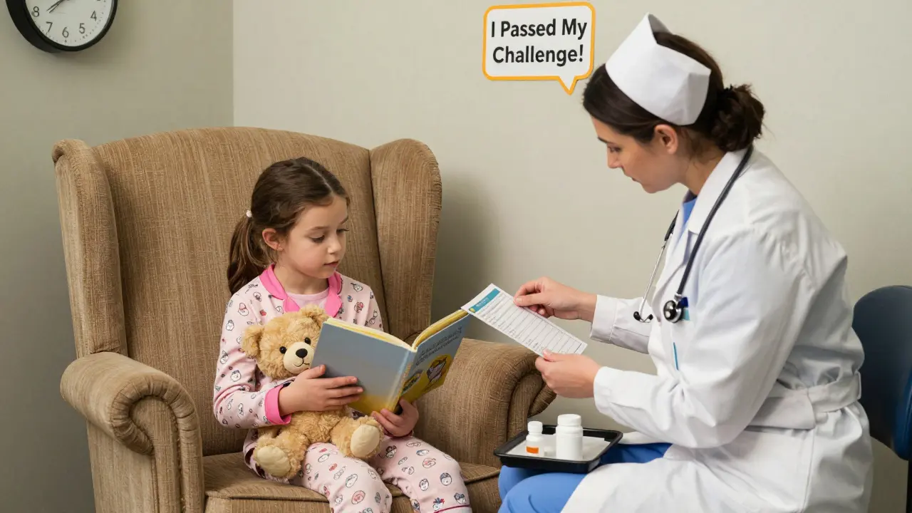 A girl in pajamas being read to during an oral food challenge, medical supplies nearby.