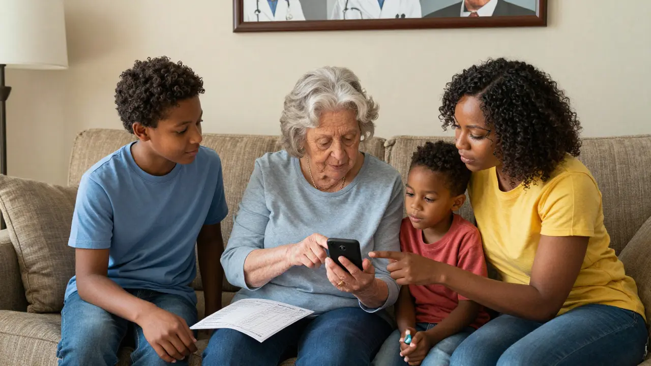 A grandmother uses a health app with her grandson's help, surrounded by family in a warm living room.