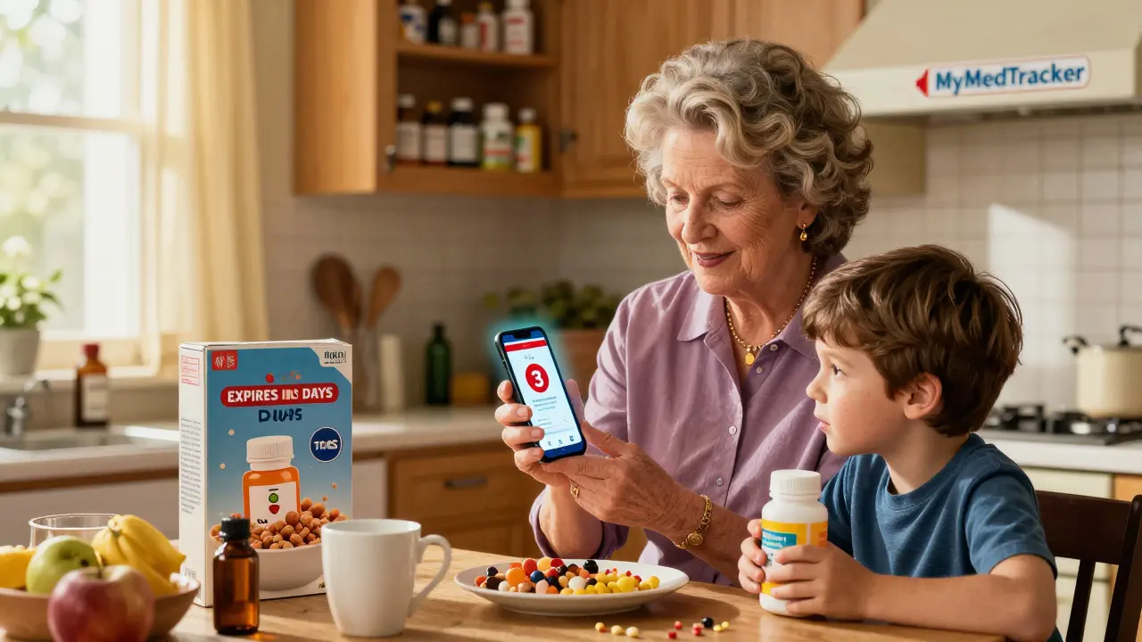 A grandmother uses her smartphone to check a pill bottle's expiration date in a sunlit kitchen, her grandson watching nearby.