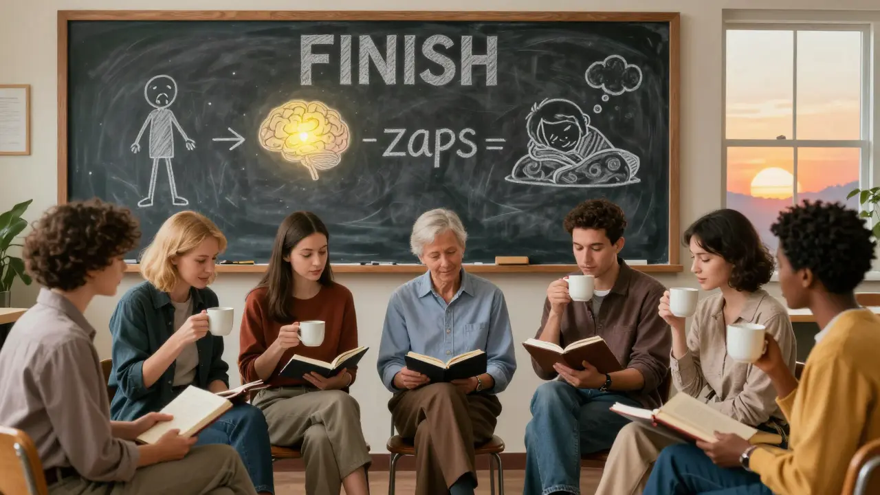 A group of people sharing quietly in a community center, with a chalkboard showing the FINISH acronym and a calm sunset outside.