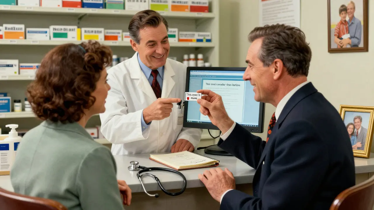 A pharmacist and patient smile as the patient notices a pill looks smaller, triggering a safety check in a bright pharmacy.