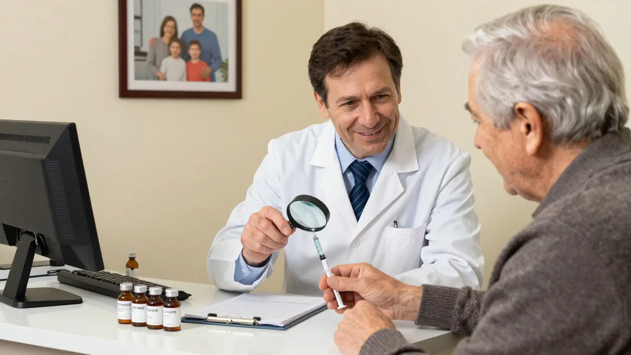 A pharmacist helps an elderly patient understand how to use a U-500 syringe with magnifying glasses and labeled vials.