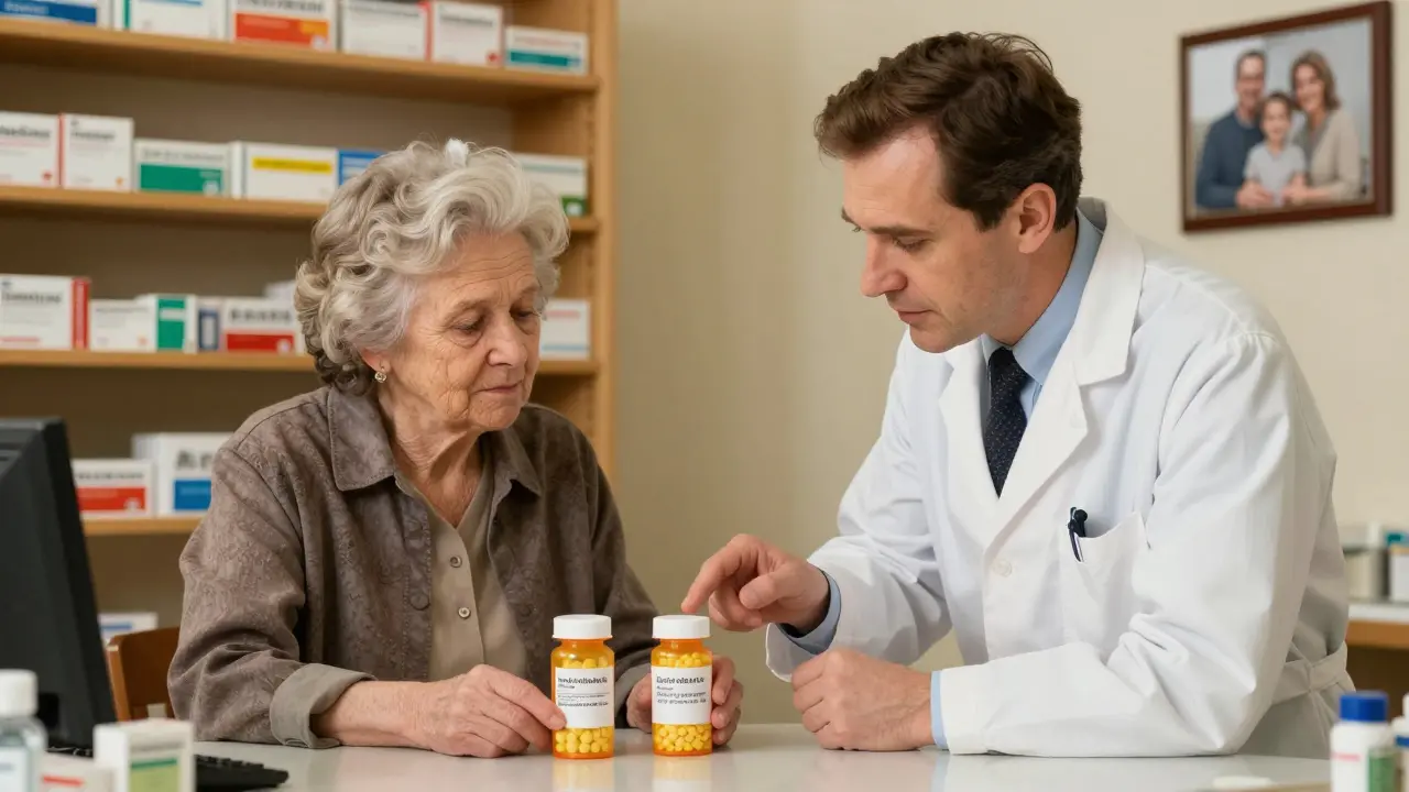 A pharmacist shows an elderly woman a spelling error on a fake medicine label in a cozy pharmacy.