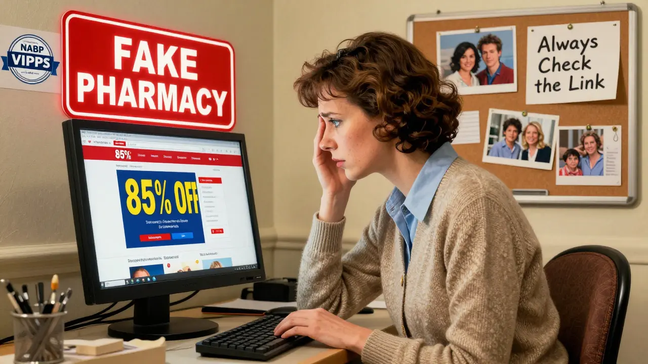 A woman examines a suspicious online pharmacy website, while a real VIPPS seal is pinned to a bulletin board beside her.