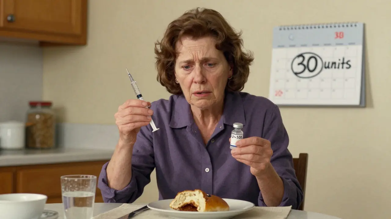 A woman stares in shock at a tuberculin syringe beside an insulin vial, realizing she misread her dose.