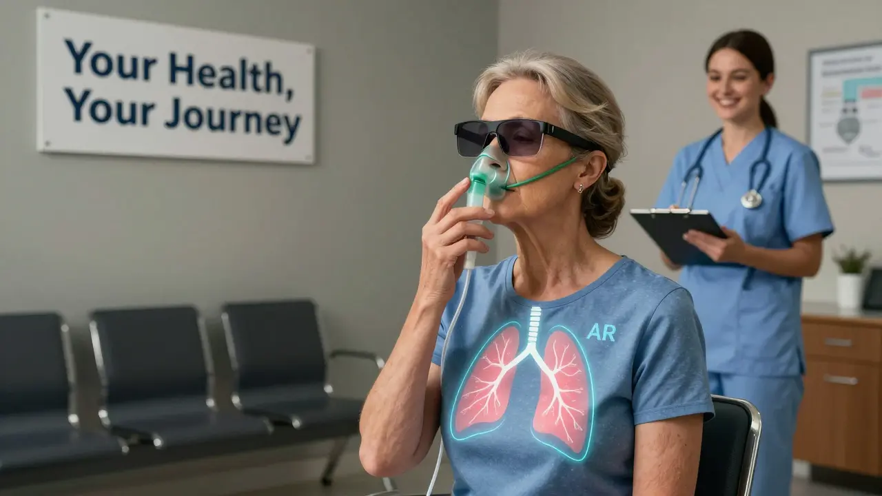 A woman with COPD practices breathing with AR guidance, supported by a caring nurse in a quiet clinic.