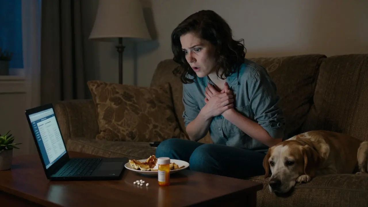 A young woman clutches her chest in distress, staring at a counterfeit pill bottle at dusk.