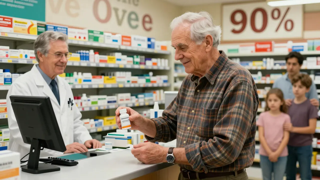 An elderly man receives a generic prescription at the pharmacy, surrounded by medication shelves and a savings sign.