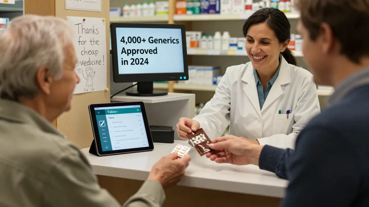 An elderly patient receives generic pills from a pharmacist, with a medication app visible on a screen.