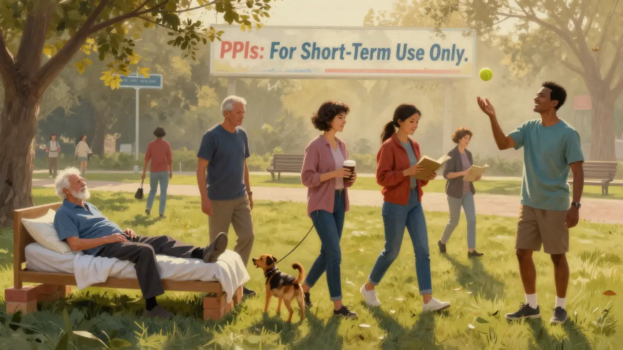 Diverse group practicing healthy habits in a park, with subtle medical signage in background.