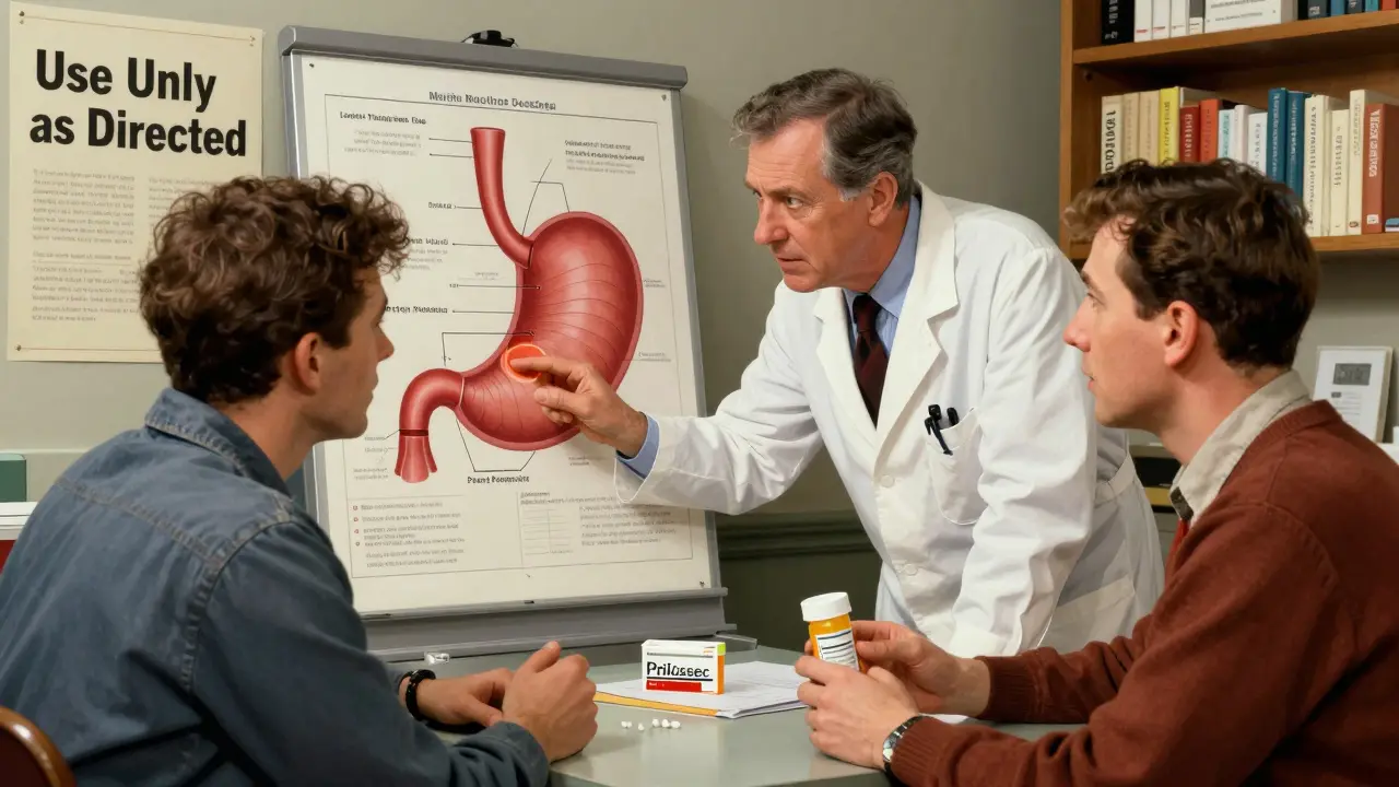 Doctor explaining stomach anatomy with a chart to a patient in a clinic setting.