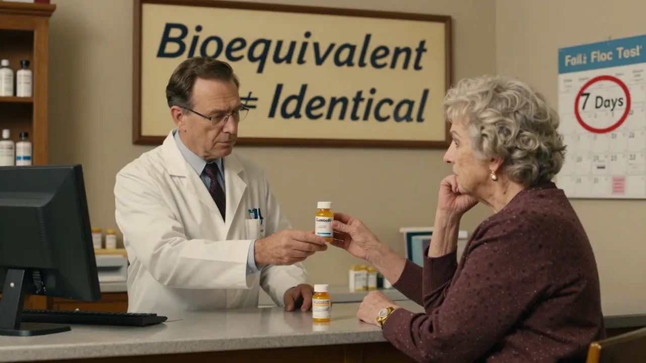 Elderly woman receiving new generic lithium bottle at pharmacy, looking concerned beside old prescription.