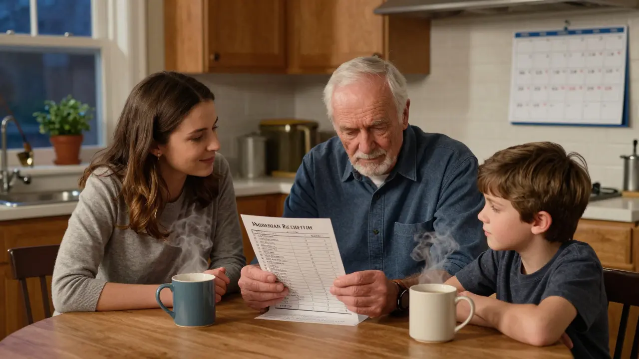 Family discussing medication dosing at the kitchen table during evening light.