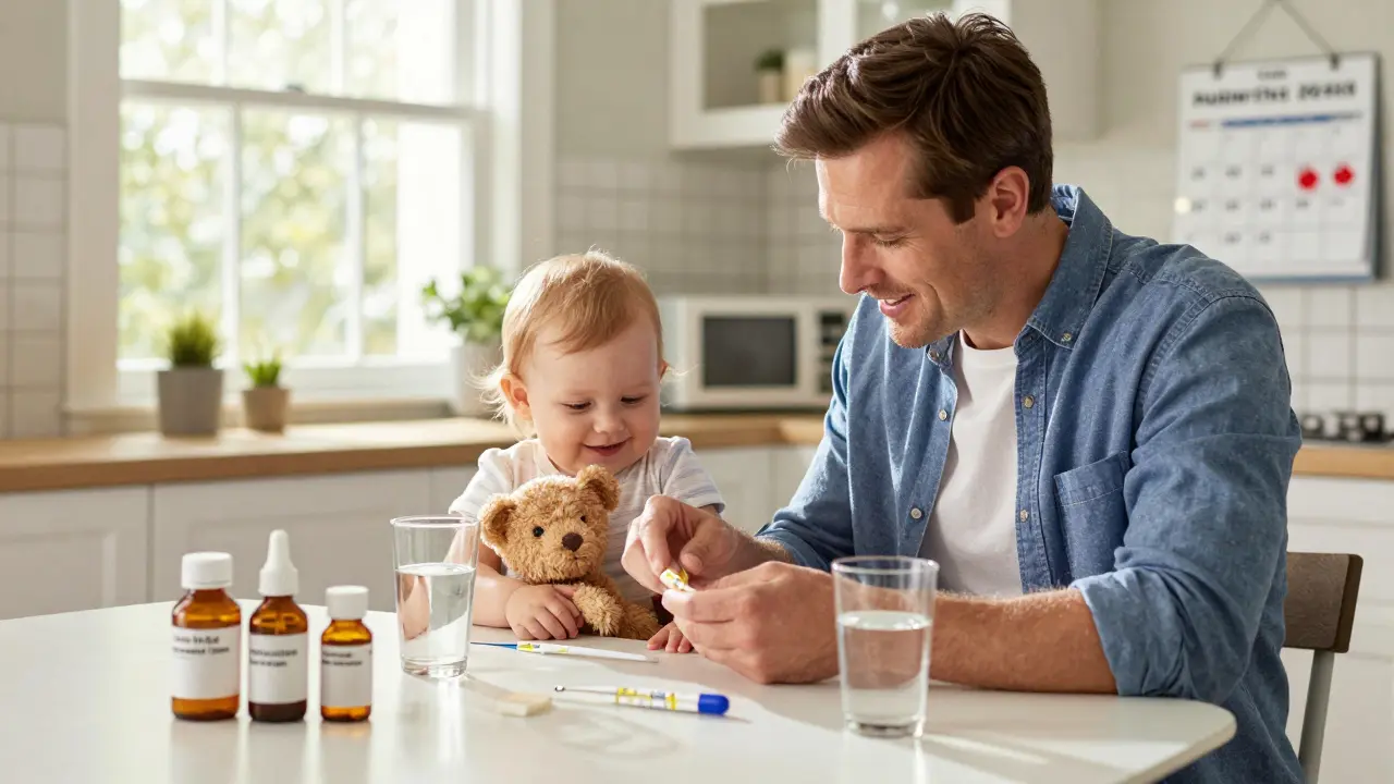 Father measuring ibuprofen for baby at kitchen table with water and thermometer