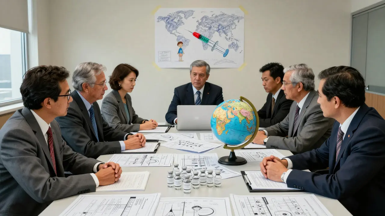 Global delegates gather around blueprints and empty vaccine vials, a child's drawing of a syringe taped to the wall.