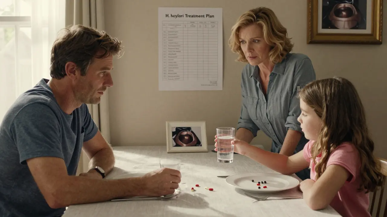 Man taking three separate pills for H. pylori treatment at home with family