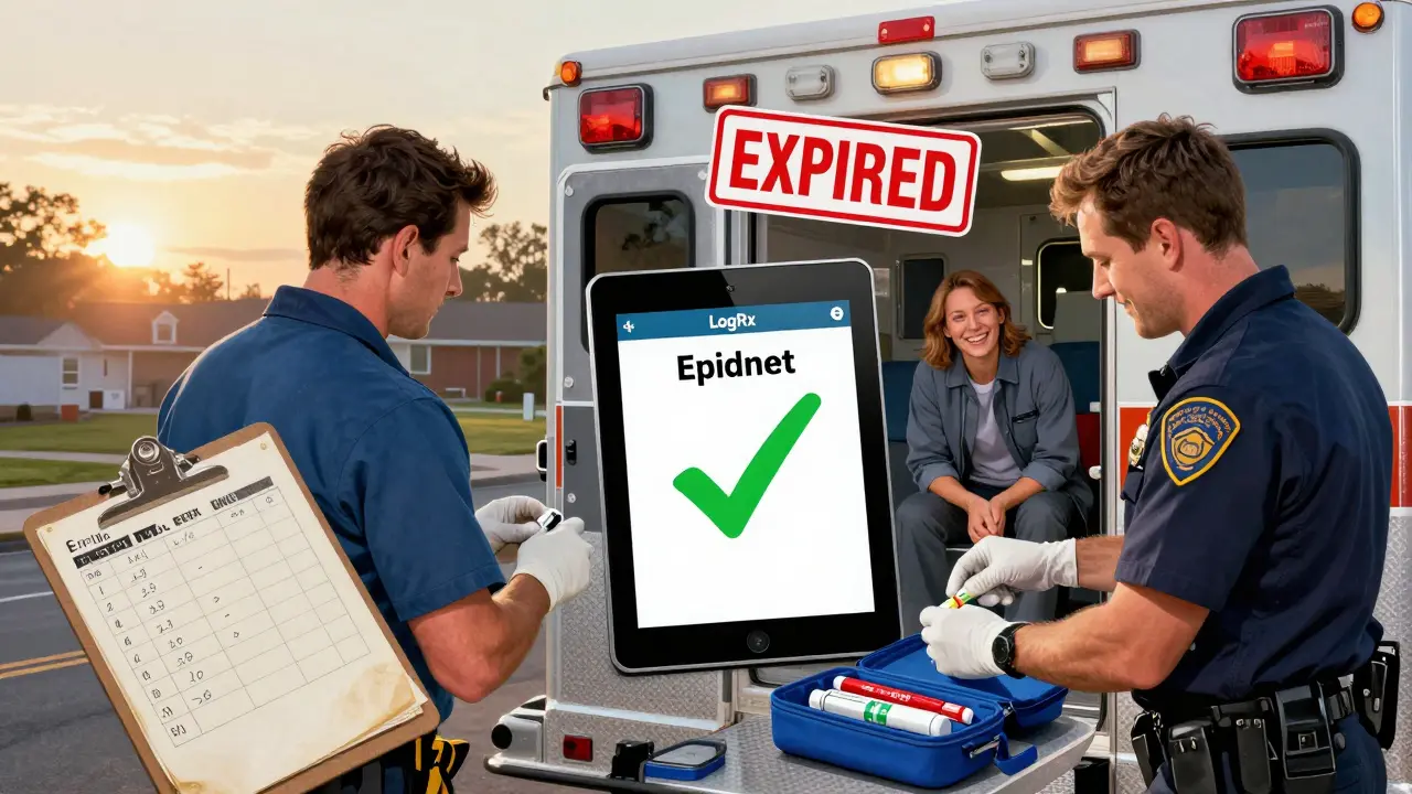 Paramedics load an EpiPen into a kit as a tablet confirms its expiration date, with a discarded clipboard in the background.