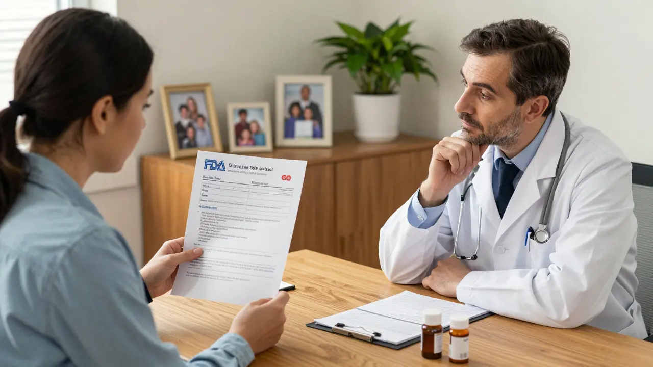Patient and doctor discussing FDA drug ratings with pill bottles and documents on a wooden table.