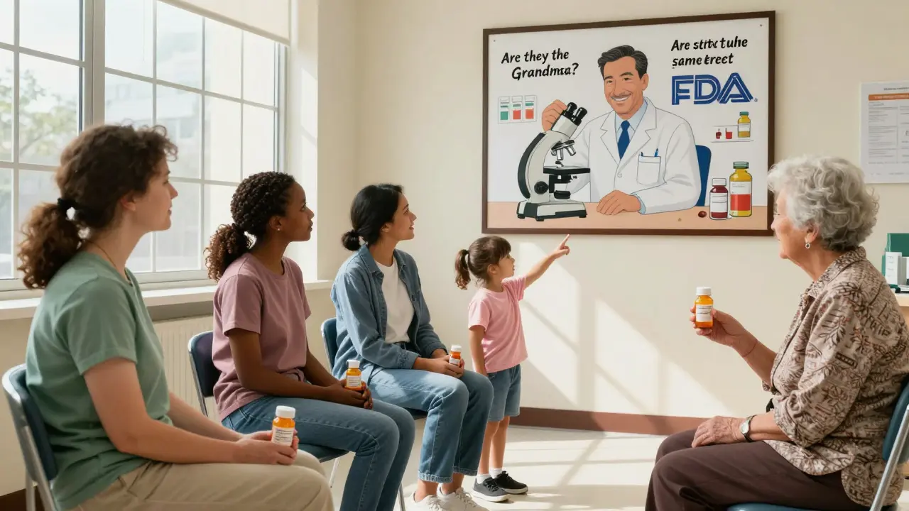 Patients in a clinic hold pill bottles while a poster shows FDA testing, with a child asking about generic medicines.