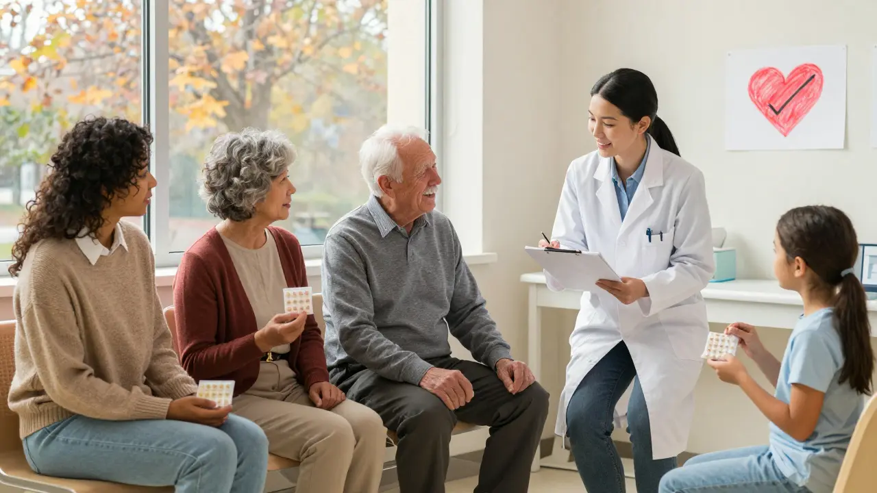 Patients in a clinic hold single combination pills as pharmacist offers guidance.