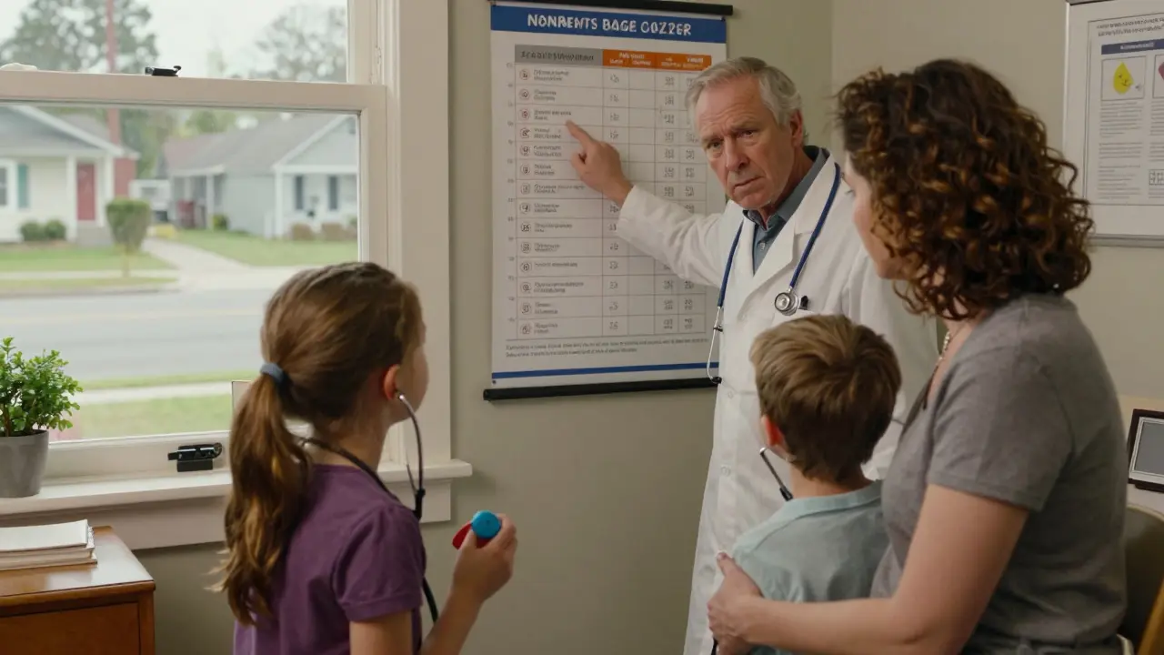 Pediatrician explaining fever medicine options to mother and children in clinic
