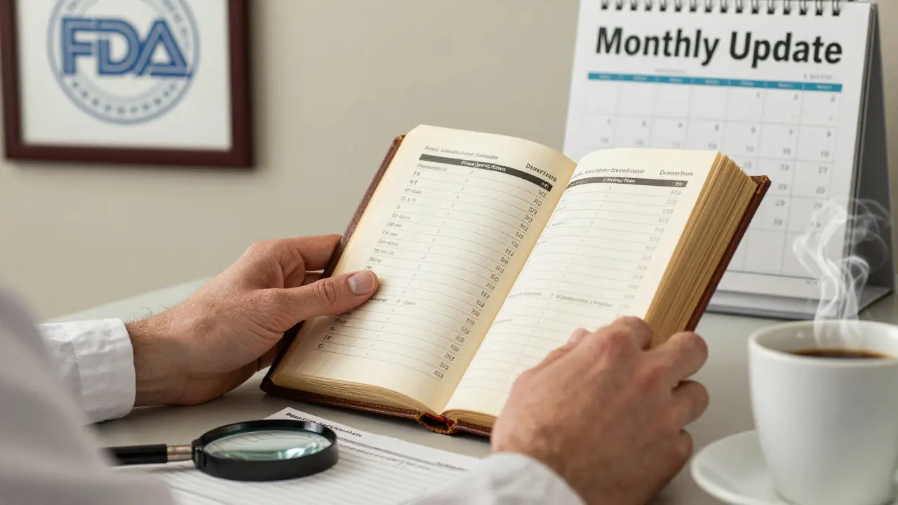 Pharmacist's hands reviewing the Orange Book with TE codes visible, surrounded by coffee and prescription slips.