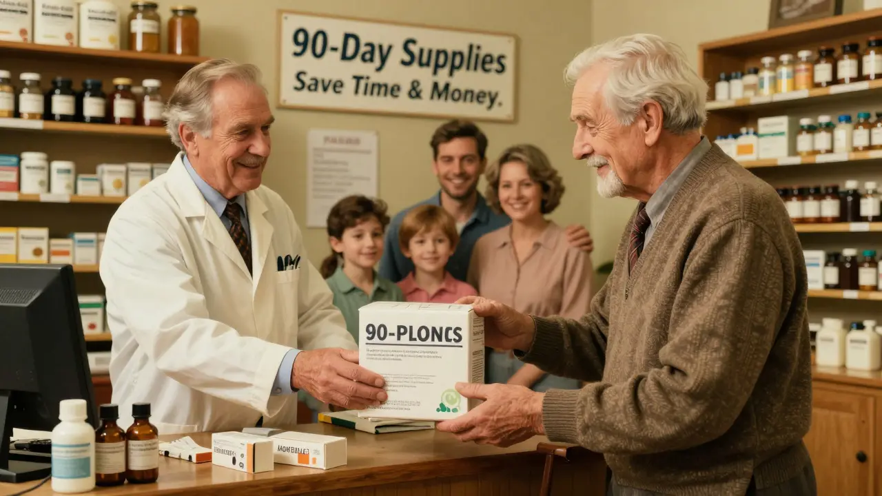 Pharmacist handing a 90-day medication package to an elderly man as his family watches with smiles.