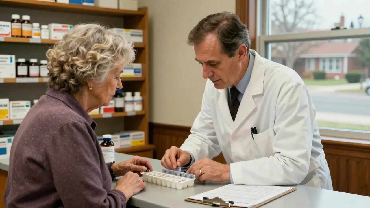 Pharmacist helping an older woman organize her medications with a blood test nearby.