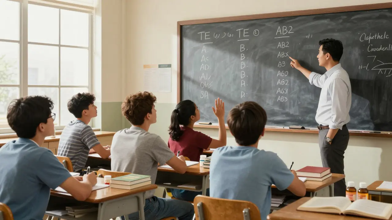 Pharmacy students learning therapeutic equivalence codes from an instructor at a chalkboard in a classroom.
